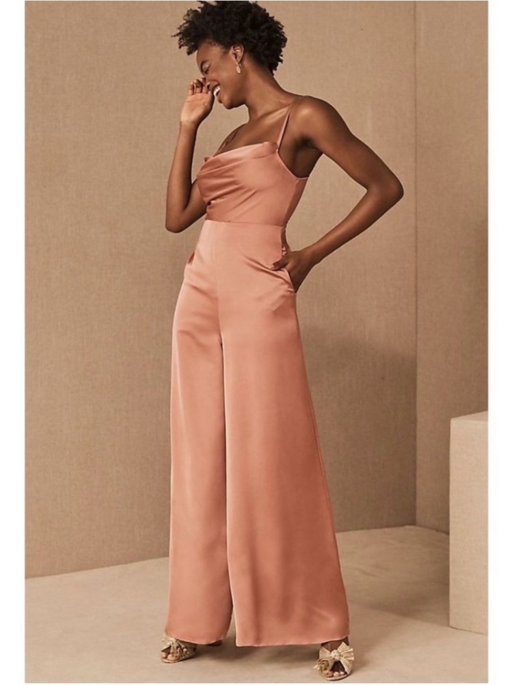 BHLDN Fame and Partners Teresa Jumpsuit Women's 4 Satin Cowl Wide Leg Rose